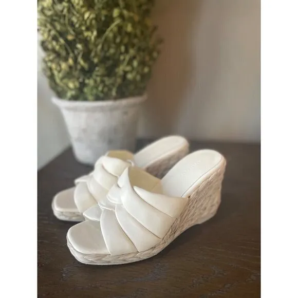 VINCE Gilian Woven Leather Espadrille Wedge Sandals White Womens Size 6.5