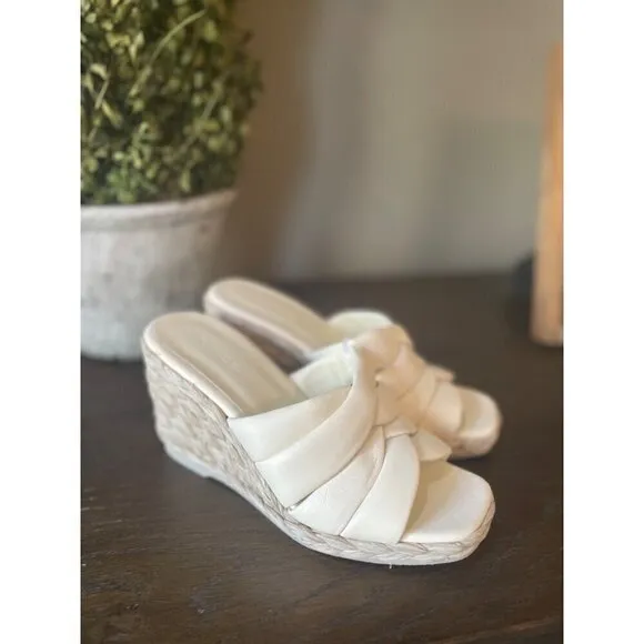 VINCE Gilian Woven Leather Espadrille Wedge Sandals White Womens Size 6.5