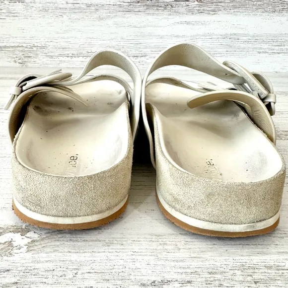 VINCE Glyn Leather Suede Double Buckle Slide Sandals in Biscotti Ivory 9