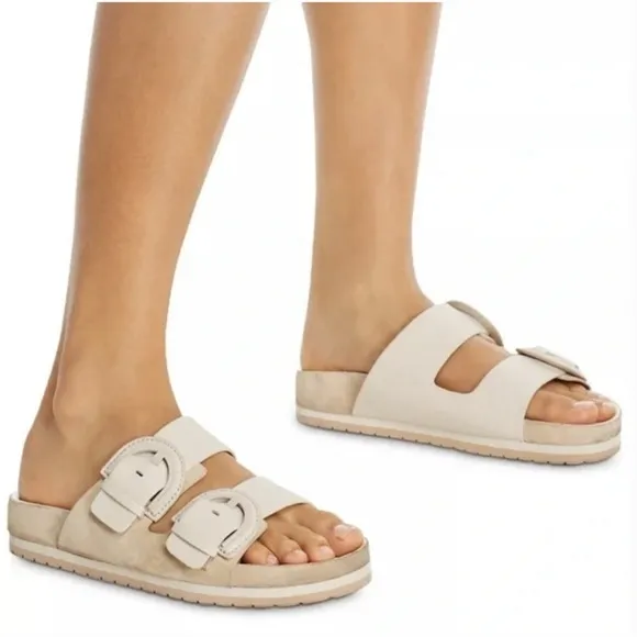 VINCE Glyn Leather Suede Double Buckle Slide Sandals in Biscotti Ivory 9