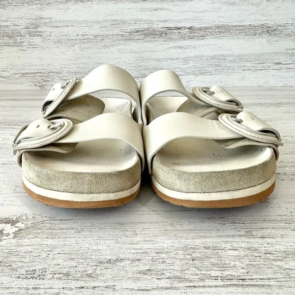 VINCE Glyn Leather Suede Double Buckle Slide Sandals in Biscotti Ivory 9