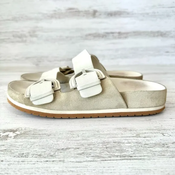 VINCE Glyn Leather Suede Double Buckle Slide Sandals in Biscotti Ivory 9