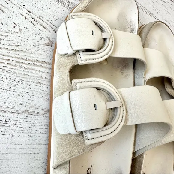 VINCE Glyn Leather Suede Double Buckle Slide Sandals in Biscotti Ivory 9