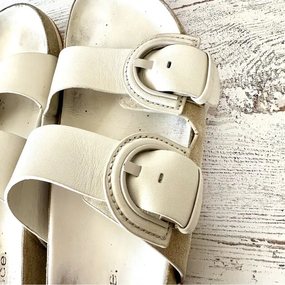 VINCE Glyn Leather Suede Double Buckle Slide Sandals in Biscotti Ivory 9