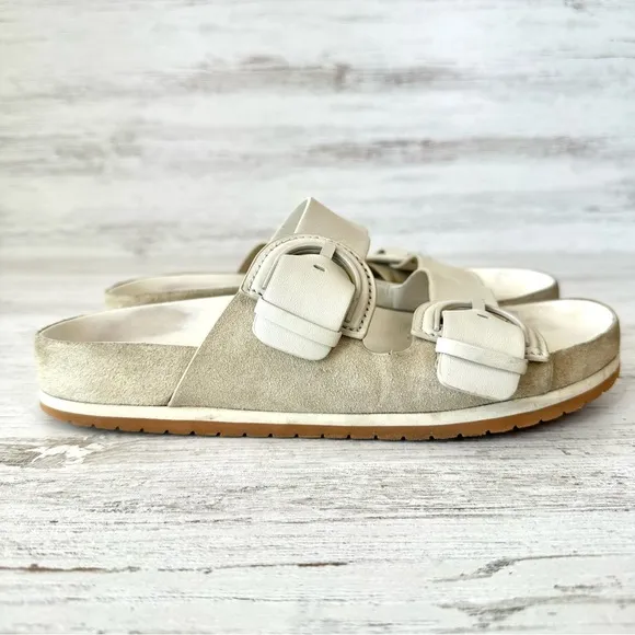 VINCE Glyn Leather Suede Double Buckle Slide Sandals in Biscotti Ivory 9