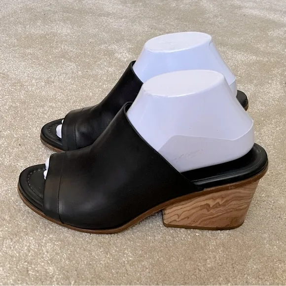Vince Leather Peep Toe Wedge Sandals Mules-Black-Womens 8.5-Designer-Classic-EUC