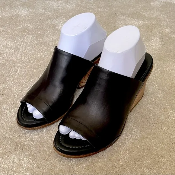 Vince Leather Peep Toe Wedge Sandals Mules-Black-Womens 8.5-Designer-Classic-EUC