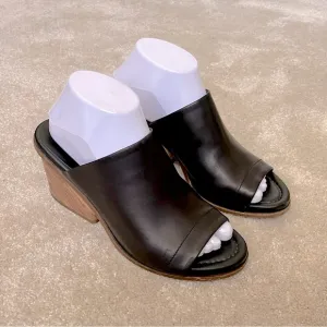 Vince Leather Peep Toe Wedge Sandals Mules-Black-Womens 8.5-Designer-Classic-EUC