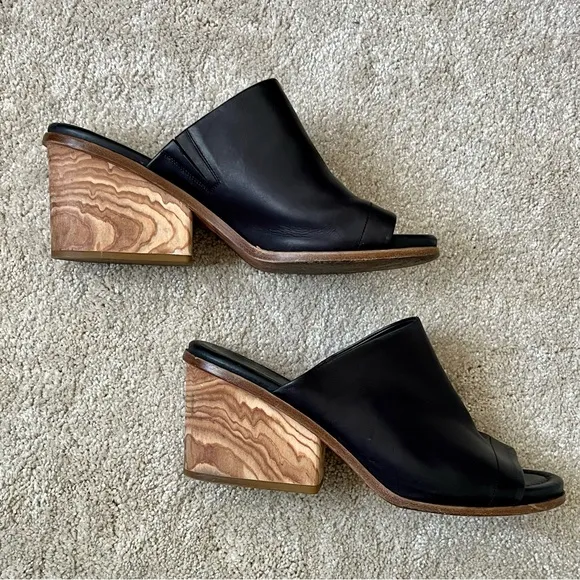 Vince Leather Peep Toe Wedge Sandals Mules-Black-Womens 8.5-Designer-Classic-EUC