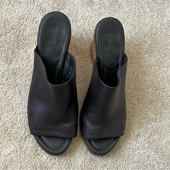 Vince Leather Peep Toe Wedge Sandals Mules-Black-Womens 8.5-Designer-Classic-EUC