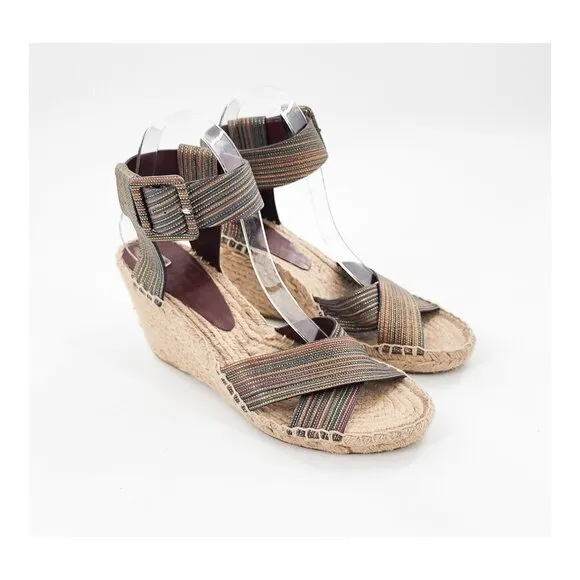 VINCE Stefania Striped Gold Multicolor Espadrille Wedge Sandals Ankle Strap
