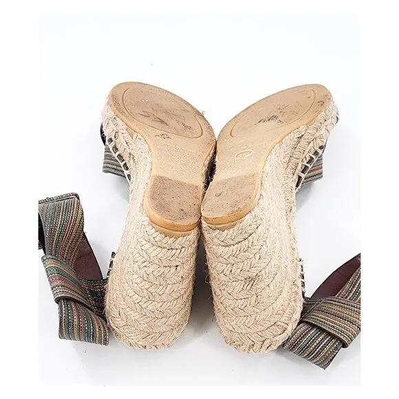 VINCE Stefania Striped Gold Multicolor Espadrille Wedge Sandals Ankle Strap