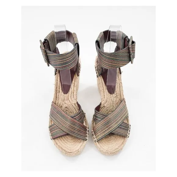VINCE Stefania Striped Gold Multicolor Espadrille Wedge Sandals Ankle Strap