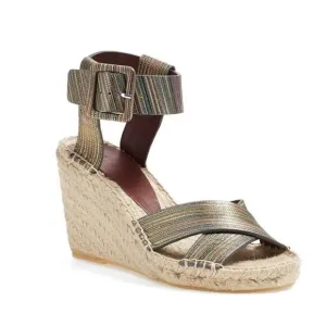 VINCE Stefania Striped Gold Multicolor Espadrille Wedge Sandals Ankle Strap