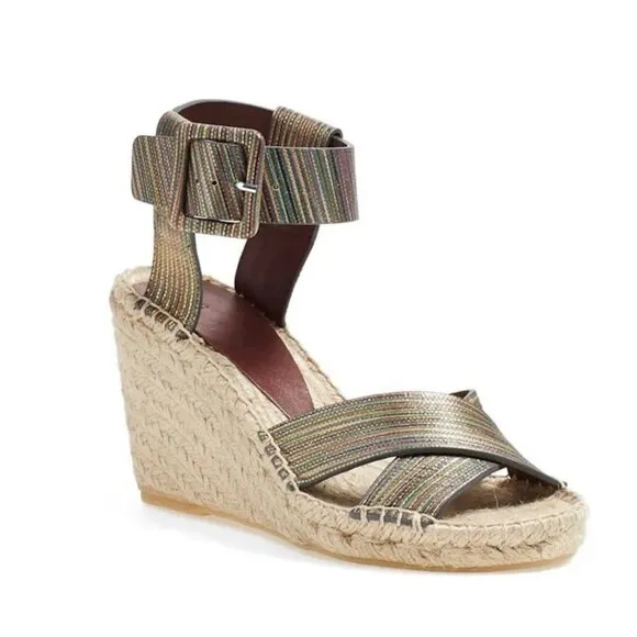 VINCE Stefania Striped Gold Multicolor Espadrille Wedge Sandals Ankle Strap