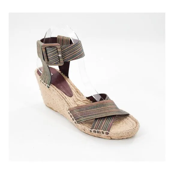 VINCE Stefania Striped Gold Multicolor Espadrille Wedge Sandals Ankle Strap