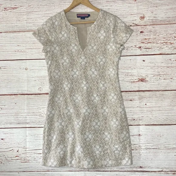 Vineyard Vines Al Fresco Embroidered Linen Shift Dress in Sand/White Sz 0