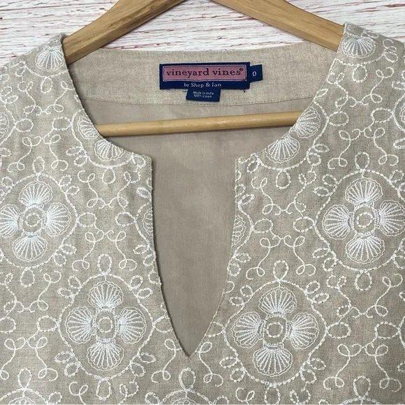 Vineyard Vines Al Fresco Embroidered Linen Shift Dress in Sand/White Sz 0