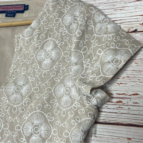 Vineyard Vines Al Fresco Embroidered Linen Shift Dress in Sand/White Sz 0