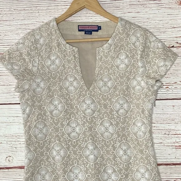 Vineyard Vines Al Fresco Embroidered Linen Shift Dress in Sand/White Sz 0