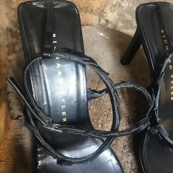 Vintage 90s black strappy heels Richard Tyler pony hair sandals