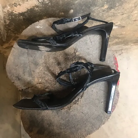 Vintage 90s black strappy heels Richard Tyler pony hair sandals