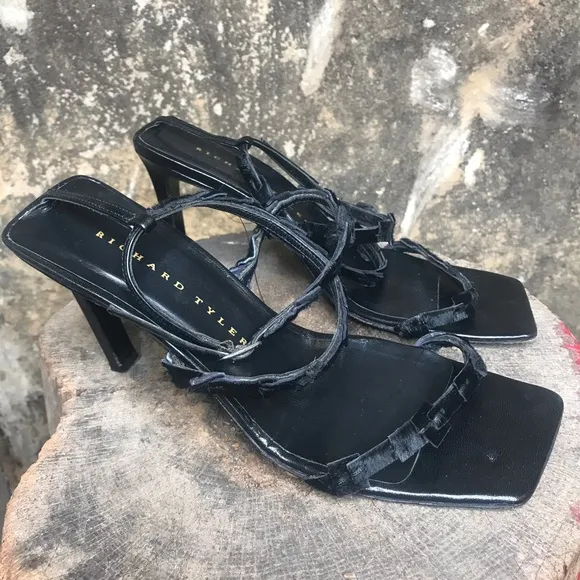 Vintage 90s black strappy heels Richard Tyler pony hair sandals