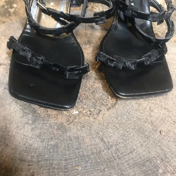 Vintage 90s black strappy heels Richard Tyler pony hair sandals