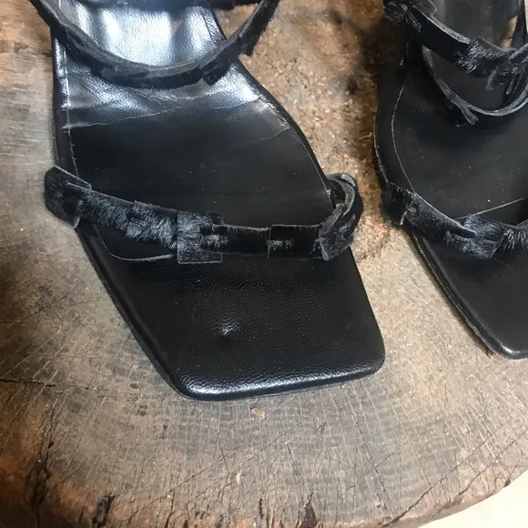 Vintage 90s black strappy heels Richard Tyler pony hair sandals