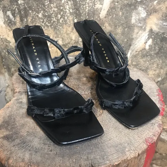 Vintage 90s black strappy heels Richard Tyler pony hair sandals