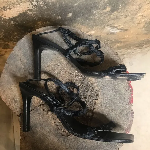 Vintage 90s black strappy heels Richard Tyler pony hair sandals