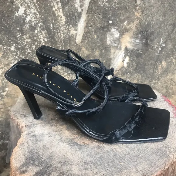 Vintage 90s black strappy heels Richard Tyler pony hair sandals