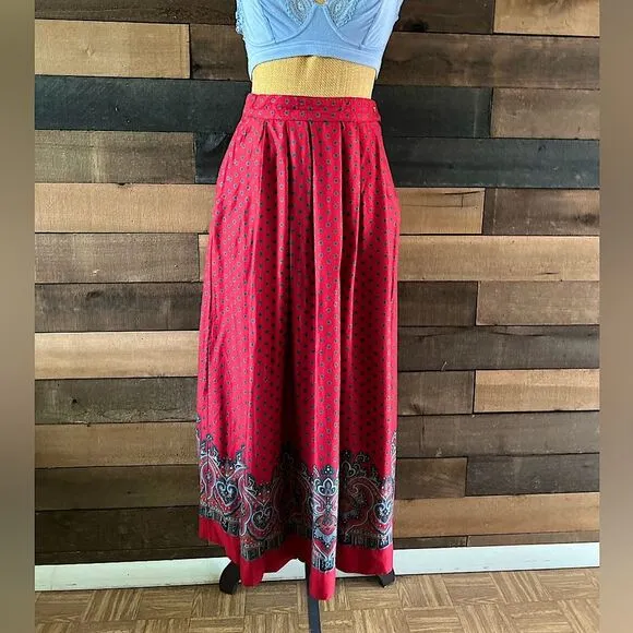 Vintage 90's J. G. Hook Multi Pattern 100% Rayon Midi Skirt Paisley Floral Dots