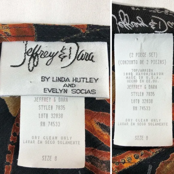 Vintage 90s Jeffrey &amp; Dara Crepe Rayon Black Gold Sunflower Blouse Skirt Set 8