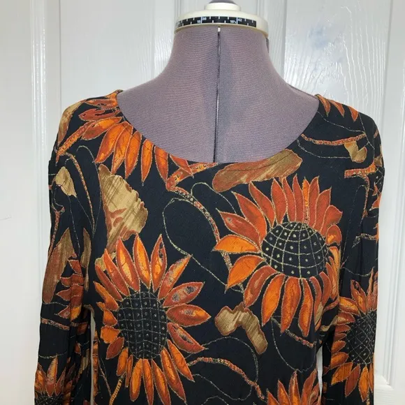 Vintage 90s Jeffrey &amp; Dara Crepe Rayon Black Gold Sunflower Blouse Skirt Set 8