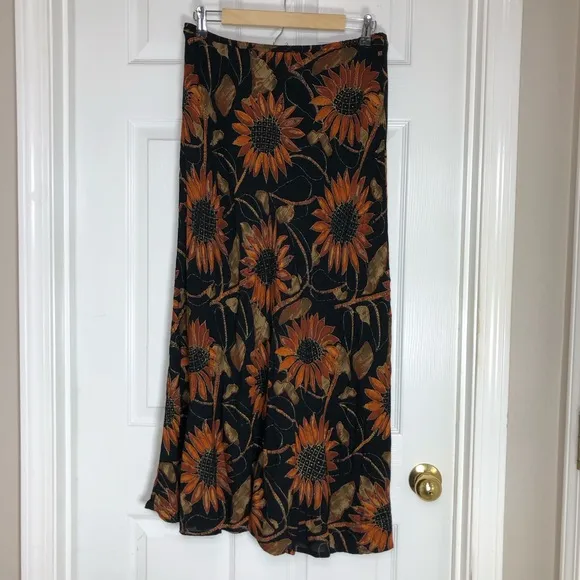 Vintage 90s Jeffrey &amp; Dara Crepe Rayon Black Gold Sunflower Blouse Skirt Set 8