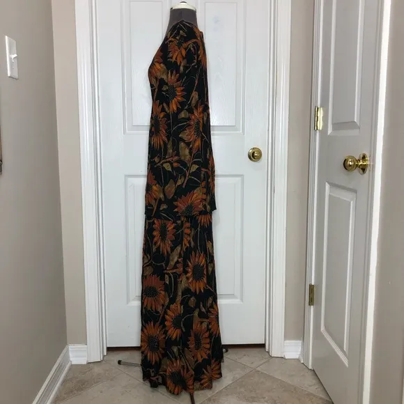 Vintage 90s Jeffrey &amp; Dara Crepe Rayon Black Gold Sunflower Blouse Skirt Set 8