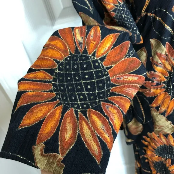 Vintage 90s Jeffrey &amp; Dara Crepe Rayon Black Gold Sunflower Blouse Skirt Set 8