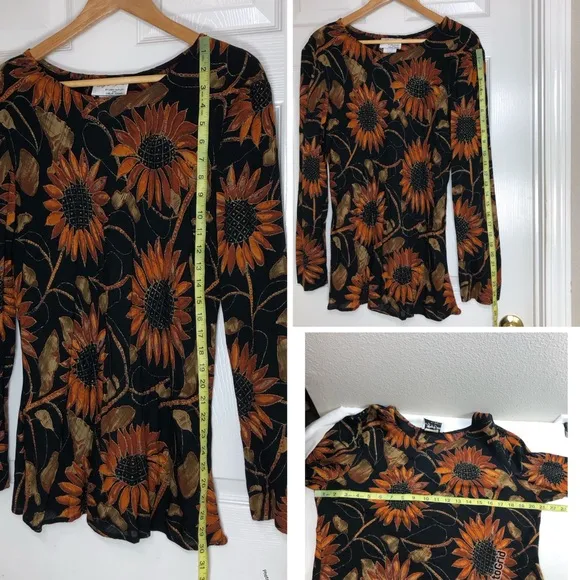Vintage 90s Jeffrey &amp; Dara Crepe Rayon Black Gold Sunflower Blouse Skirt Set 8