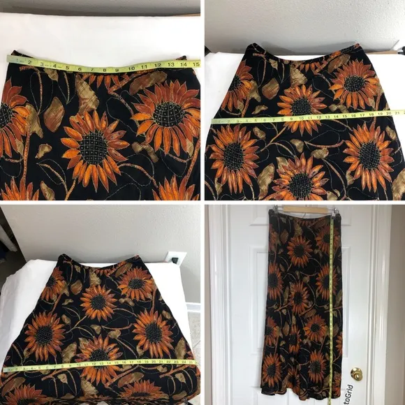 Vintage 90s Jeffrey &amp; Dara Crepe Rayon Black Gold Sunflower Blouse Skirt Set 8