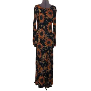 Vintage 90s Jeffrey &amp; Dara Crepe Rayon Black Gold Sunflower Blouse Skirt Set 8