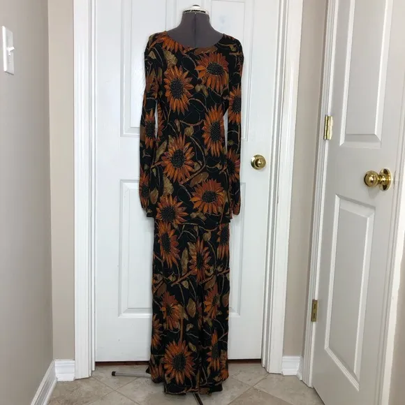 Vintage 90s Jeffrey &amp; Dara Crepe Rayon Black Gold Sunflower Blouse Skirt Set 8