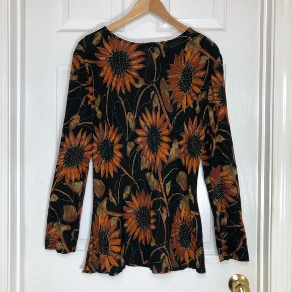 Vintage 90s Jeffrey &amp; Dara Crepe Rayon Black Gold Sunflower Blouse Skirt Set 8