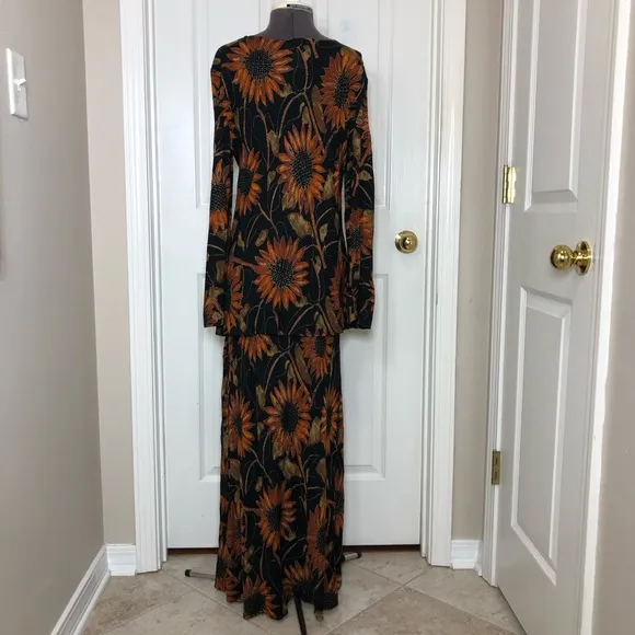 Vintage 90s Jeffrey &amp; Dara Crepe Rayon Black Gold Sunflower Blouse Skirt Set 8