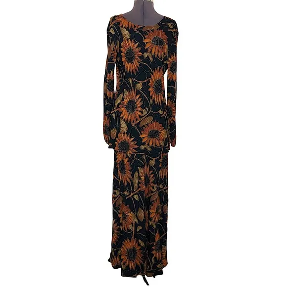 Vintage 90s Jeffrey &amp; Dara Crepe Rayon Black Gold Sunflower Blouse Skirt Set 8