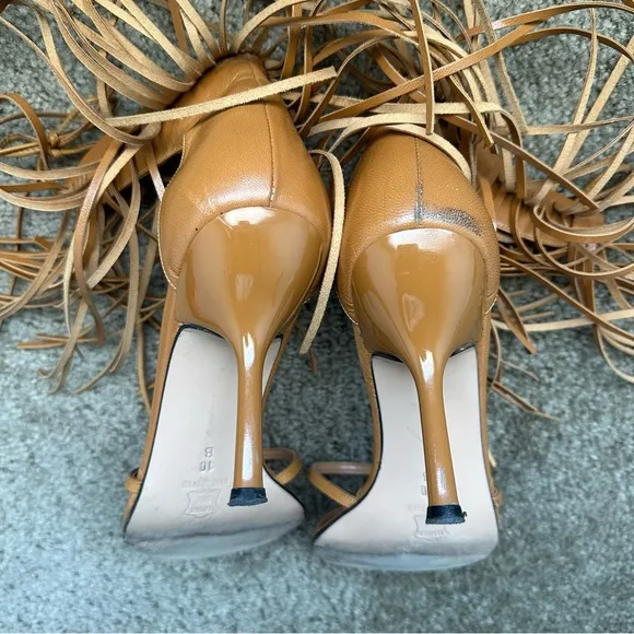 Vintage 90s Y2K Michael Shannon Brown Leather Fringe Sandals Heels Size 10