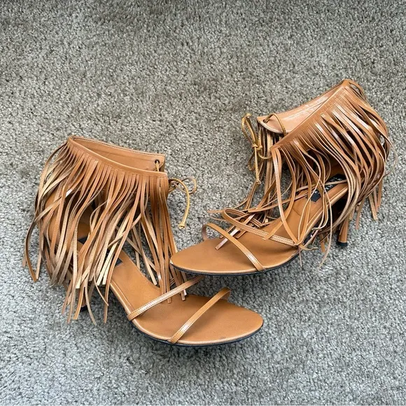 Vintage 90s Y2K Michael Shannon Brown Leather Fringe Sandals Heels Size 10