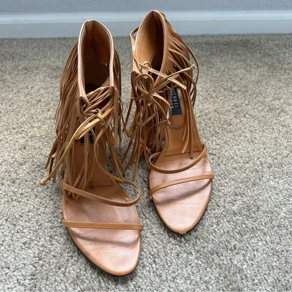 Vintage 90s Y2K Michael Shannon Brown Leather Fringe Sandals Heels Size 10