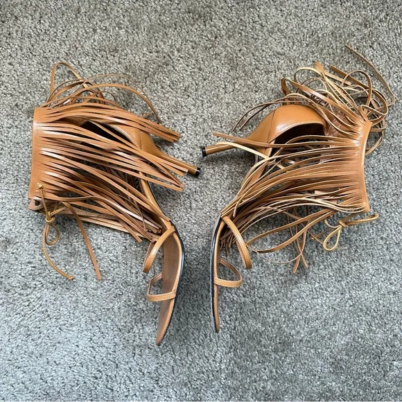 Vintage 90s Y2K Michael Shannon Brown Leather Fringe Sandals Heels Size 10