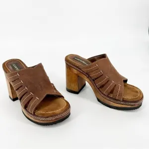 Vintage Candie’s Y2K Wood Heel Chunky Platform Brown Leather Sandals Size 8.5